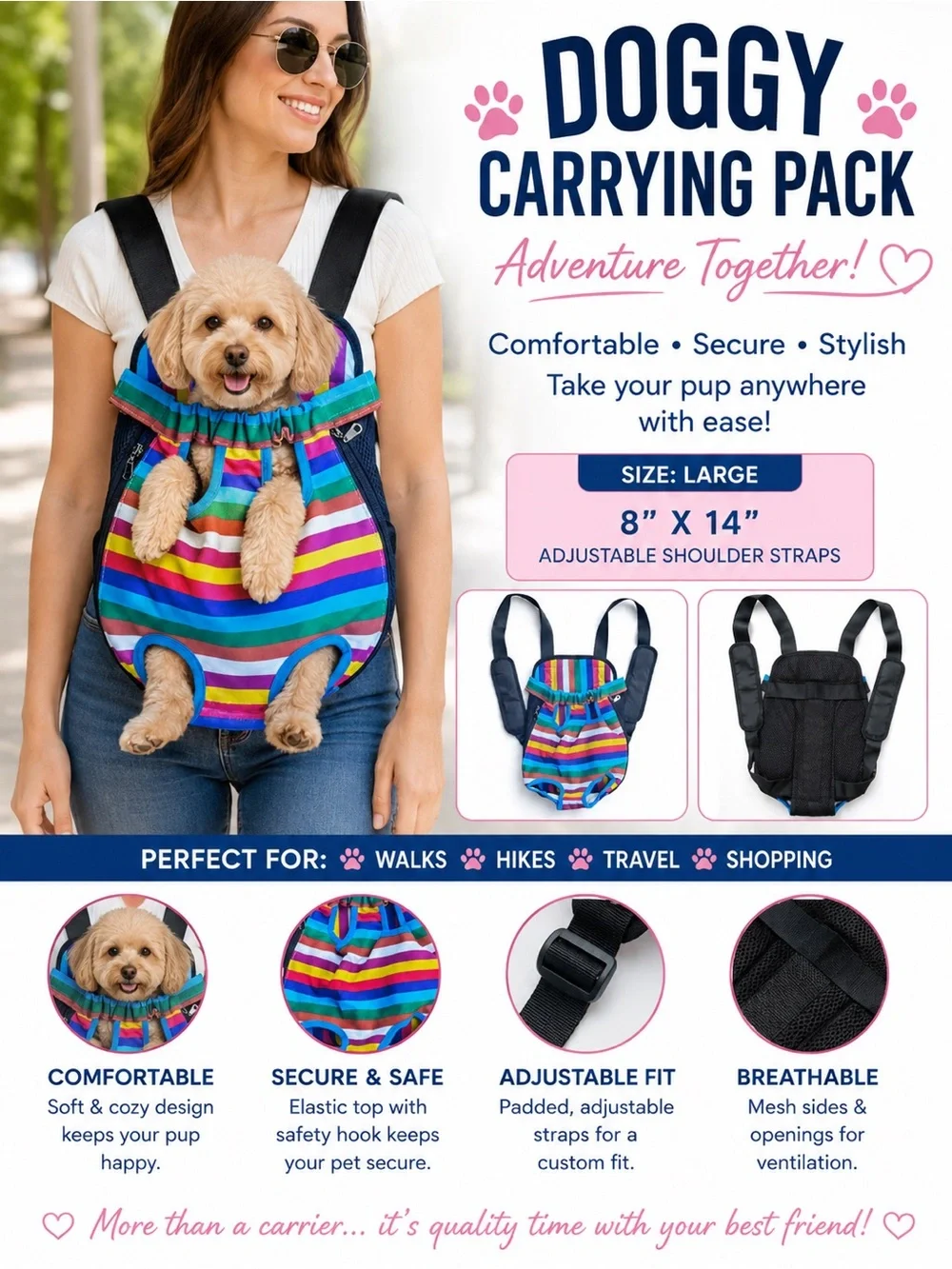 Large Dog Carrier Backpack Pet Carrying Pack Adjustable Straps 8x14 Colorful